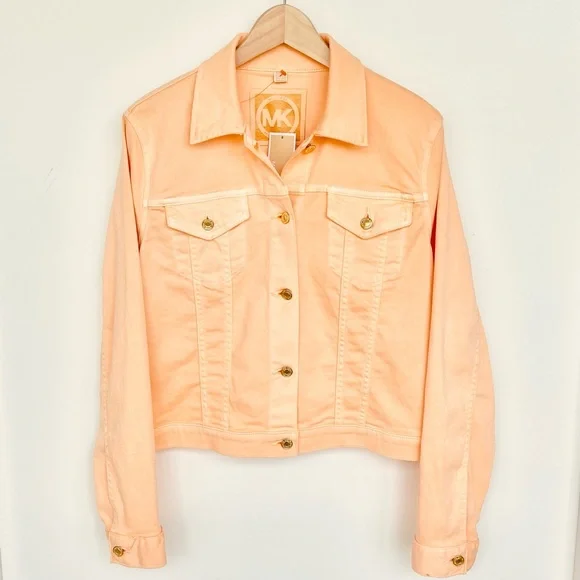 MICHAEL KORS Denim Jacket Gold Button Stretch Patch Pocket Pointed Collar